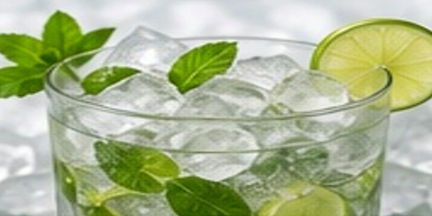 Hielo nugget para coctelería con copa y lima